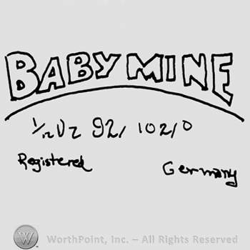 Baby Mine written with uppercase letters over numbers like 92 or 102, Registered Germany written with lowercase letters below