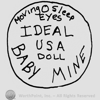 Moving O Sleep Eyes written with lowercase letters over Ideal USA Doll Baby Mine written with uppercase letters