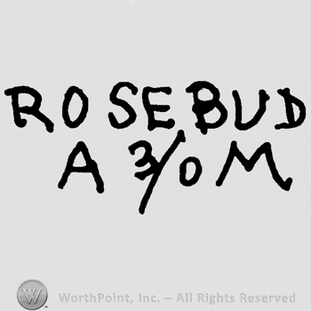 Rosebud written with uppercase letters over capital A, numbers 3/0 and uppercase M