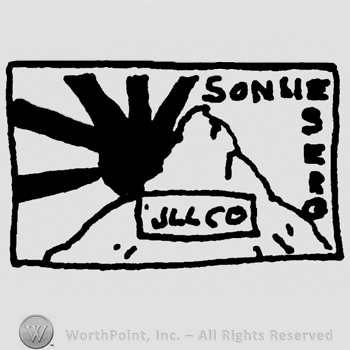 Uppercase SON and SERO written in an undescifrable context, stylized sunrise over a mountain, uppercase JLL Co, all inside a rectangle
