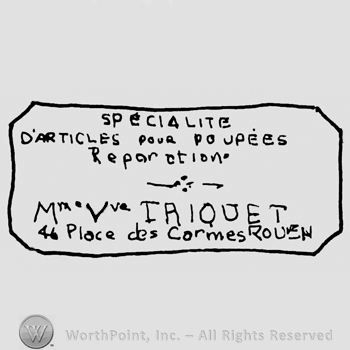 Specialite D'Articles pour Puopees Reparation written with lowercase letters, flower-like separation mark, Mme. Vve. IRIQUET written below, 4th Place des Carmes Rouen written with uppercase and lowercase letters