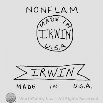 Nonflam written with uppercase letters over a circle with Made in USA Irwin with uppercase letters written inside, Irwin with uppercase letters written below on a ribbon, Made in USA written with uppercase letters