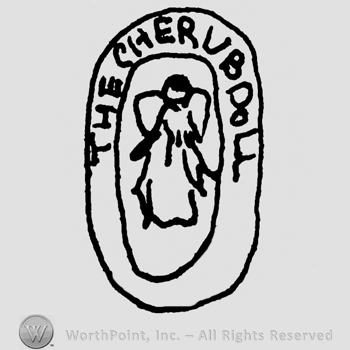 The Cherub Doll written with uppercase letters around a stylized angel puppet, all inside a double oval