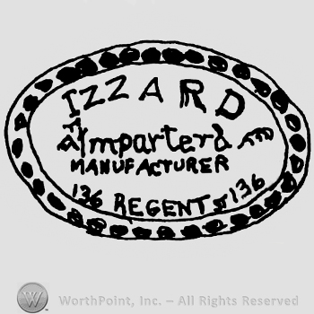 Izzard written with uppercase letters over Imported Manufacturer 136 Regent St. 136, all inside an oval with ornaments