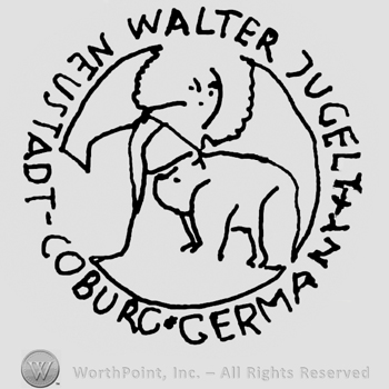 Round design with stylized animal with wings, Wakter Jugelt Neustadt Coburg Germany written around it with uppercase letters