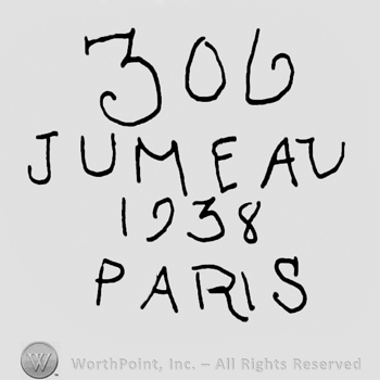 Number 306 over Jumeau 1938 Paris written with uppercase letters