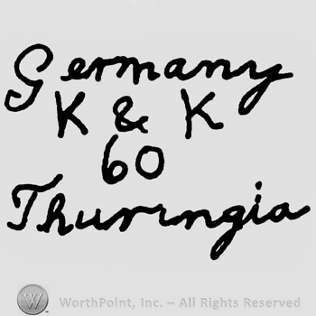 Germany handwritten over uppercase K&K and number 60, Thuringia handwritten below with lowercase letters