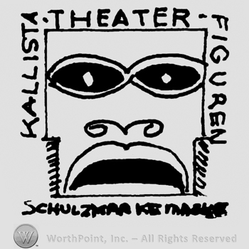 Stylized squared face with eyes, nose and mouth, Kallista Theater Figuren written with uppercase letters, writings below the square