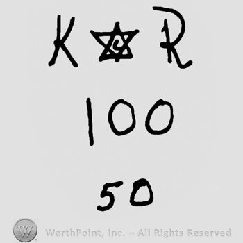 Uppercase KR with David's star in between over numbers 100 and 50