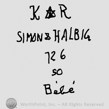 Uppercase KR with David's star in between, Simon & Halbig written with uppercase letters over number 126 and 50, Bebe handwritten below