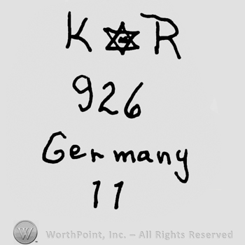 Uppercase KR with the star of David in between over number 926, Germany written with lowercase letters over number 11