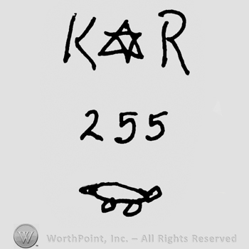 Uppercase KR with the star of David in between over number 255 and a stylized animal below