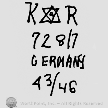 Uppercase KR with the star of David in between, number 728 over number 7, Germany written with uppercase letters over 43/46