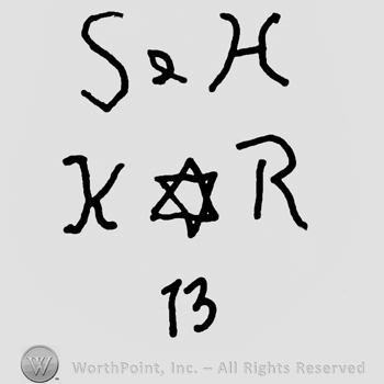 Uppercase S&H over uppercase KR with the star of David in between, number 13 written below