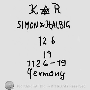Uppercase KR with the star of David in between Simon & Halbig written with uppercase letters, number 126, 19, 1126-19 over Germany written with lowercase letters