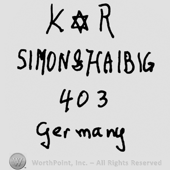 Uppercase KR with the star of David in between over Simon & Halbig written with uppercase letters, number 403 over Germany written with lowercase letters