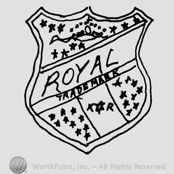 Shield with Royal Trademark written with uppercase letters and lots of stars, uppercase K&R written on the lower side of the shield