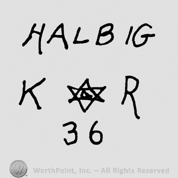 Halbig written with uppercase letters over Uppercase KR with the star of David in between and number 36