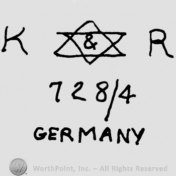 Uppercase KR with the star of David in between over numbers 728/4, Germany written below with uppercase letters