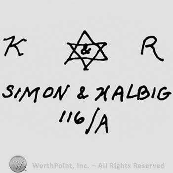 Uppercase KR with the star of David in between over Simon & Halbig written with upeercase letters, number 116 over capital A