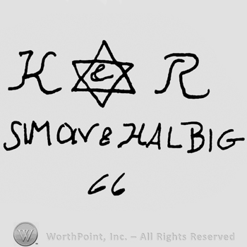 Uppercase KR with the star of David in between over Simon & Halbig written with uppercase letters and number 66