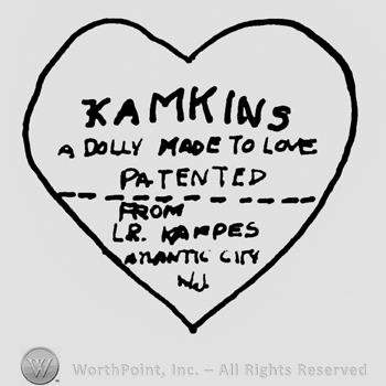 Kamkins A Dolly made to Love Patented written with uppercase letters, a dotted horizontal line and below that: From LR Kampes Atlantic City NJ also written with uppercase letters, all inside a heart
