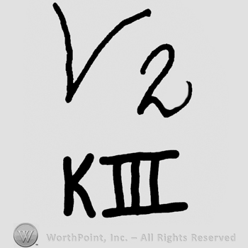 Uppercase V and number 2 over uppercase K and number 3 in Roman writing