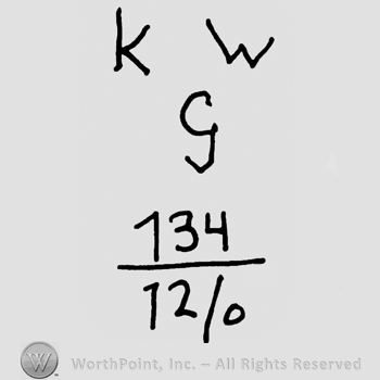 Uppercase KW over handwritten uppercase G, numbers 134 over 12/0 in fraction