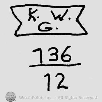 Uppercase K.W.over G on a ribbon, number 136 over 12, fraction-like, writen below