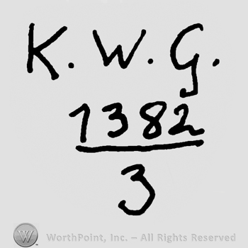 Uppercase K.W.G.over numbers 1382 over 3, fraction-like