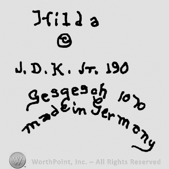 Hilda written with lowercase letters over uppercase R inside a circle, uppercase J.D.K. Jr. And number 190, Gesgesch 1070 over Made in Germany, written with lowercase letters
