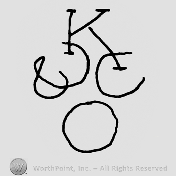 Uppercase K over two complex round designs and a circle below