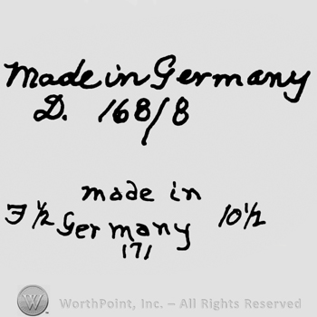 Made in Germany handwritten over uppercase handwritten D and number 168/8, Made in Germany written below with lowercase letters precedeed by number 3 and 1/2, followed by number 10 1/2, number 171 written below