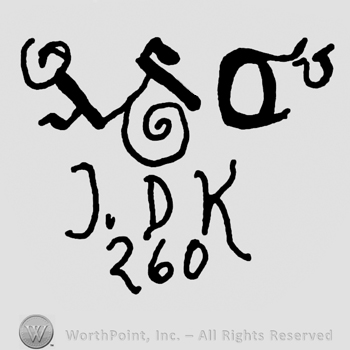 Undescifrable ancient-like writing over uppercase J.D.K.and number 260