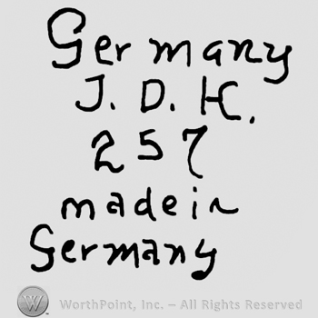 Germany written with lowercase letters over uppercase J.D.K.and number 257, Made in Germany written below with lowercase letters