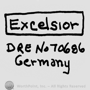Excelsior written with lowercase letters inside a rectangle over uppercase DRE No. 70686 Germany with lowercase letters