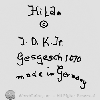 Hilda written with lowercase letters over uppercase R inside a circle, uppercase J.D.K. Jr., Gesgesch 1070 over Made in Germany written with lowercase letters