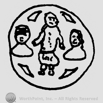 Round design with three stylized puppets inside