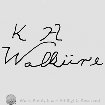 Uppercase handwritten KH over Walkure handwritten with lowercase letters