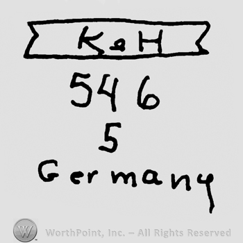 Uppercase K&H on a ribbon over number 546 and 5, and Germany written with lowercase letters