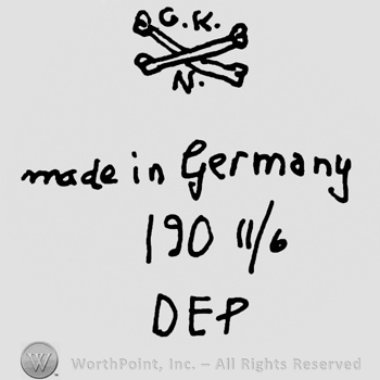Uppercase G.K.over crossed bones, uppercase N below, Made in Germany written with lowercase letters over number 190 and 11/6, DEP with uppercase letters