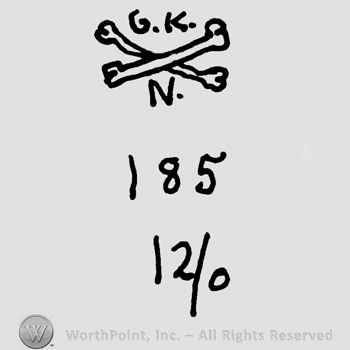 Uppercase G.K.over crossed bones, uppercase N below, over number 185 and 12/0