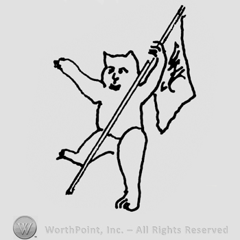 Walking bear holding a banner with a complex design on it
