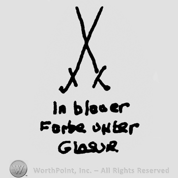 Crossed swords over In blauer Forbe Unber Glasur written with lowercase letters