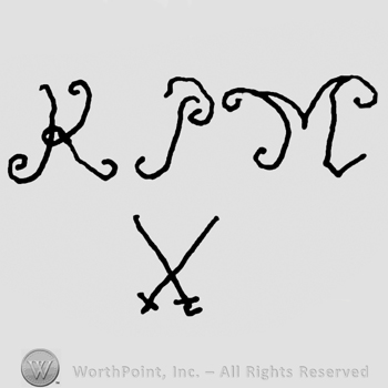 Uppercase handwritten KPM over crossed swords