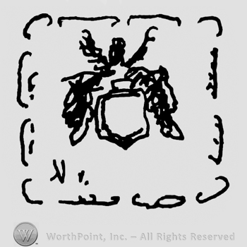 Stylized coat of arms with shield inside an ornamented square
