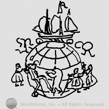 Globe with people and animals around it, boat on top