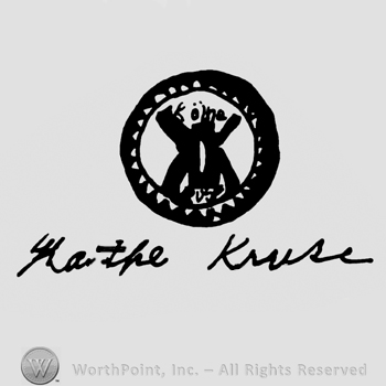 Round design with uppercase double mirrored K inside, Kathe Kruse handwritten below