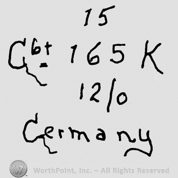 Number 15, capital G and lowercase BR, number 156 cand capital K over 12/0 and Germany written with lowercase letters