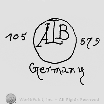 Uppercase ALB inside a circle, numbers 105 and 579 written on sides, Germany written below with lowercase letters